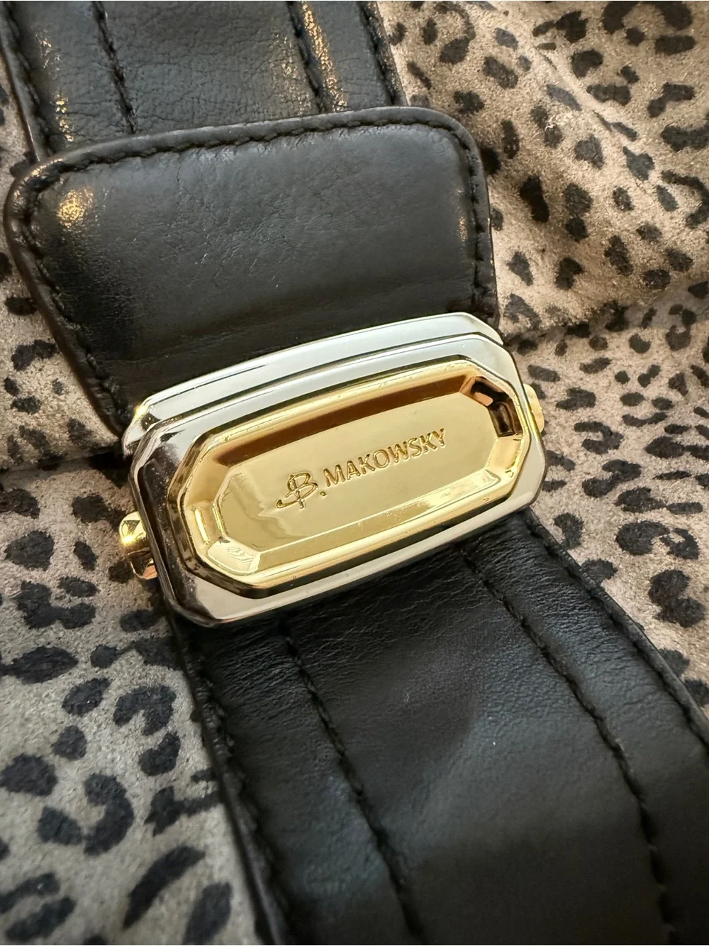B. Makowsky Black Leather Crossbody Bag with Gray Leopard Print